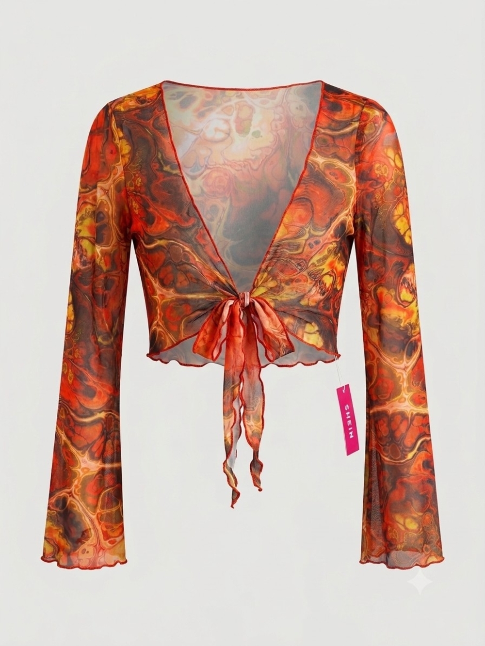 Shein Women's Orange Marble Mesh Tie-Front Crop Top